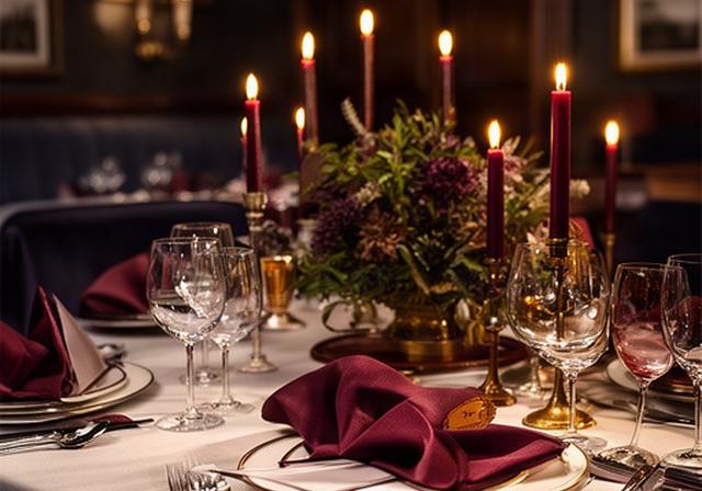Tavolo apparecchiato per cena privata in una sala riservata del club con candele e calici
