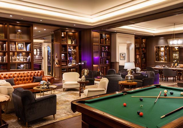 Ampia sala del club con area networking, poltrone, tavolo da biliardo e illuminazione calda
