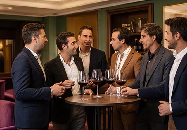 Professionisti in abiti eleganti conversano in piedi attorno a un tavolo alto con bicchieri di vino