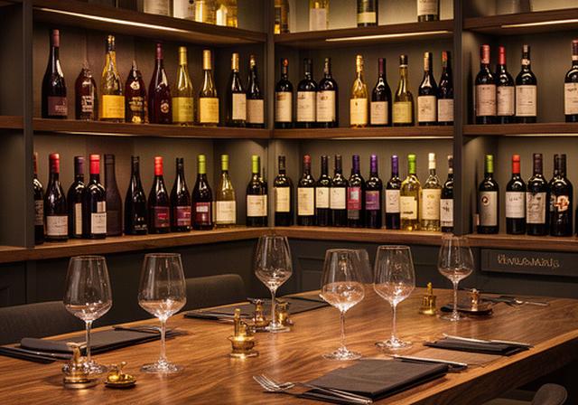 Zona degustazioni con bottiglie esposte e tavolo in legno massiccio